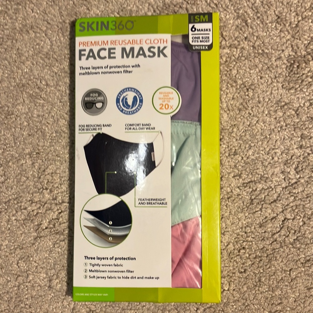 Premium reusable face masks. Cloth. 6 in s box.